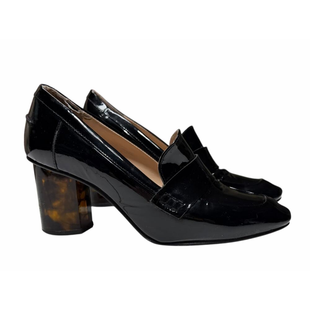 Kurt Geiger London Black Patent Leather Loafer Heels Tortoiseshell Block Heel